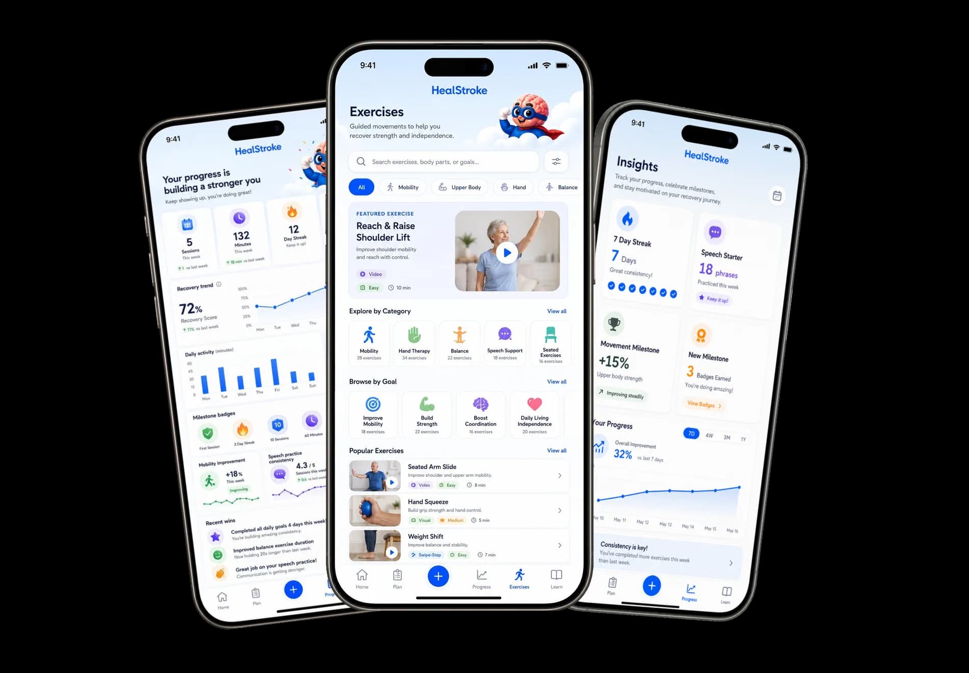 HealStroke app screens for progress, daily plan, and insights
